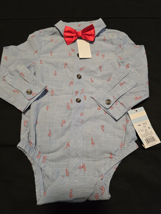 Cat & Jack Other - Cat & Jack Baby Candy Cane Bodysuit Blue Red‎ Christmas Bow Tie Size 12M